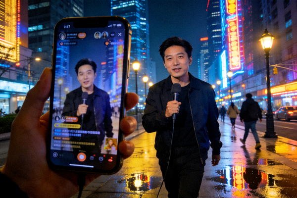 户外脱口秀主播在城市夜景街头边走边聊的直播画面