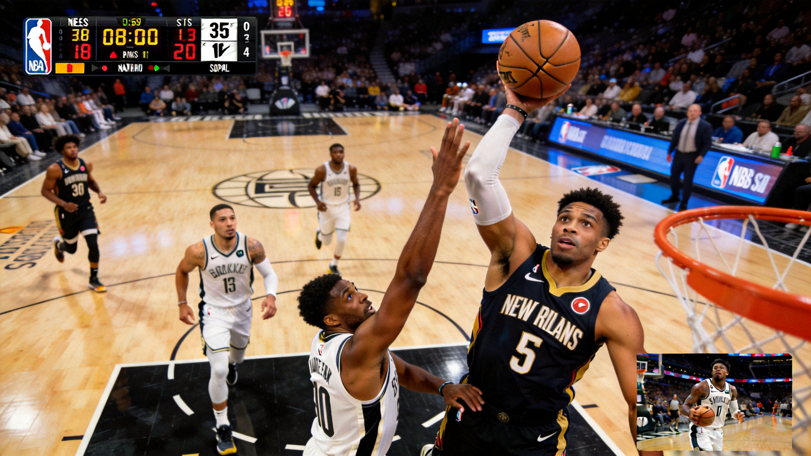 NBA篮球直播间画面，木地板球馆内的激烈对抗与多视角切换