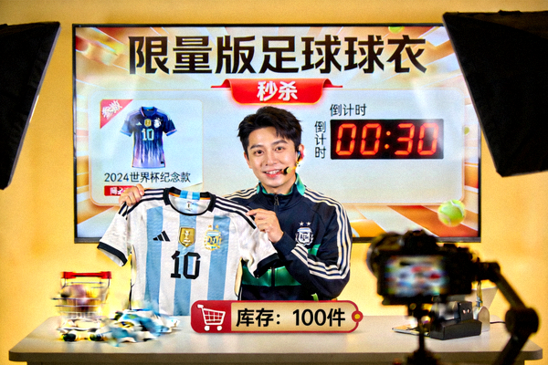 玩球带货直播间正在展示限量版足球球衣的秒杀画面