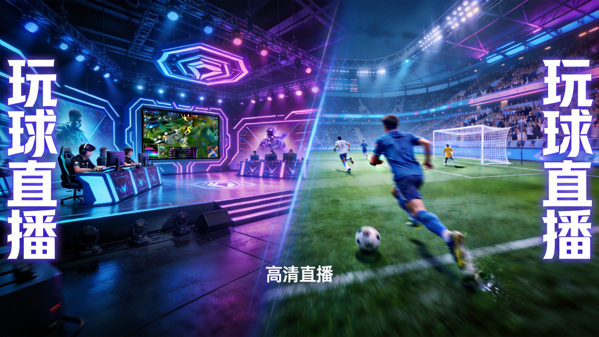 玩球直播全屏横幅：霓虹灯光下的电竞舞台与足球赛场高清直播画面